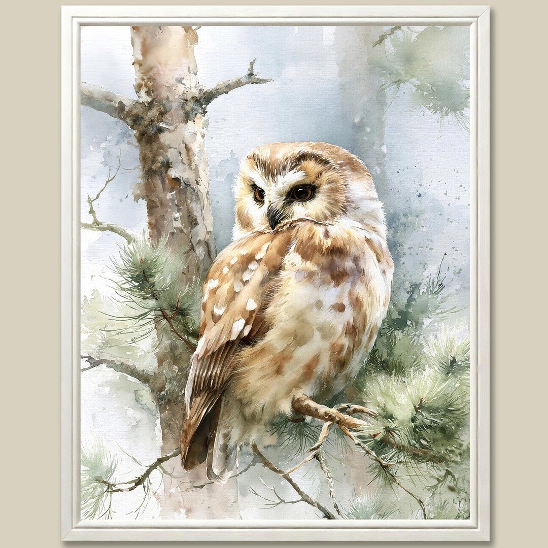 Woodland Owl Watercolor Print Pine Tree Bird Wall Art Nature Decor - Etsy