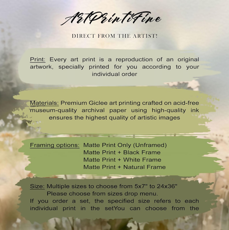 May include: An advertisement for art prints from ArtPrintiFine. The text describes the print quality, materials, and framing options. Sizes range from 5x7 inches to 24x36 inches. The prints are reproductions of original artwork.