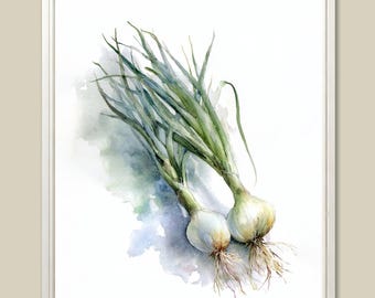 Green Onions Watercolor Art Print: Minimalist Kitchen Botanical Decor