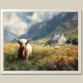 Highland Cow Art Print Scottish Cottage Watercolor Painting Grazing Sheep Mountain Landscape Wall Art