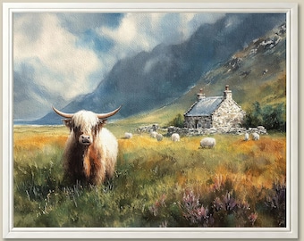 Impresión artística de vaca de las Tierras Altas, pintura de acuarela de cabaña escocesa, ovejas pastando, paisaje de montaña, arte mural