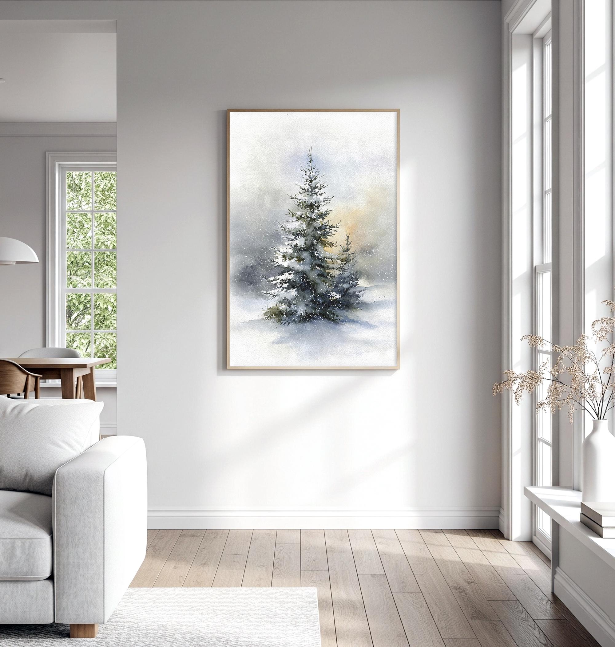 Snowy Pine Tree Watercolor Art Print - Winter Forest Landscape - Etsy