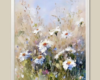 Daisies Meadow Painting: Summer Wildflower Landscape Art Print