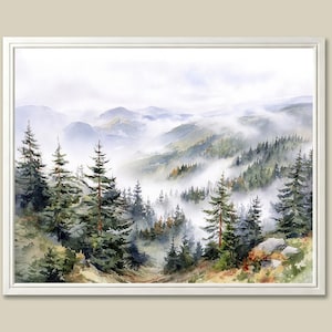 May include: Watercolor painting of a misty mountain landscape. The artwork features evergreen trees in the foreground, with layers of hills and fog in the background. The painting is framed in a white border, creating a serene and natural scene.