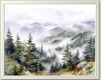 Appalachian Pine Forest Watercolor Art Print: Misty Mountain Landscape