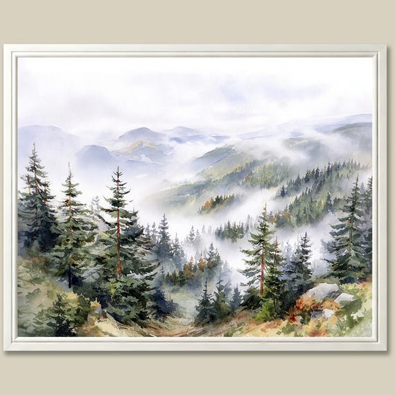 Appalachian Pine Forest Watercolor Art Print: Misty Mountain Landscape