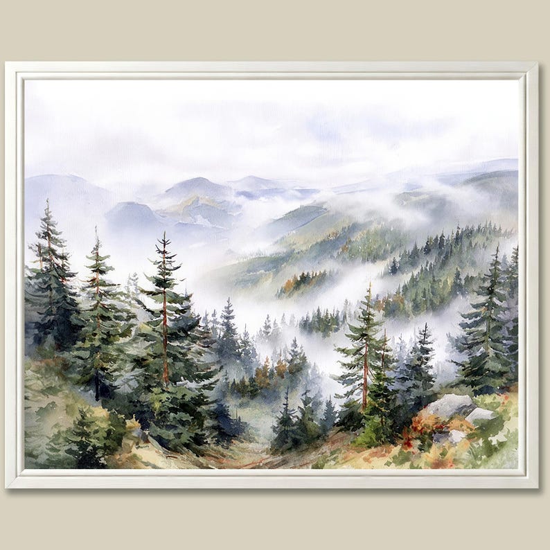 May include: Watercolor painting of a misty mountain landscape. The artwork features evergreen trees in the foreground, with layers of hills and fog in the background. The painting is framed in a white border, creating a serene and natural scene.