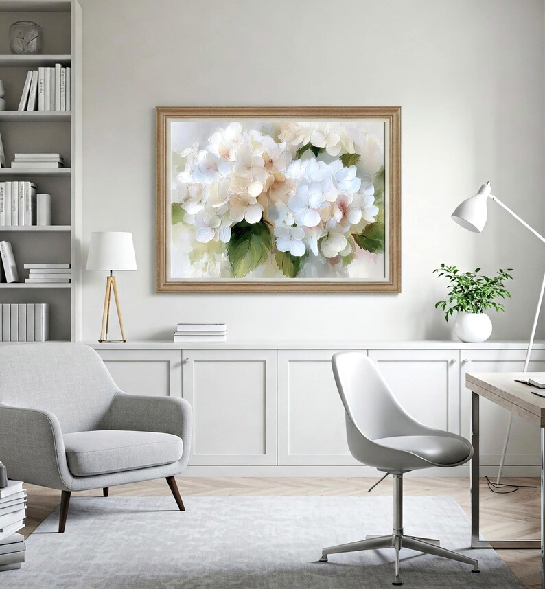 White Hydrangea Oil Painting Neutral Floral Art Print Botanical Wall ...