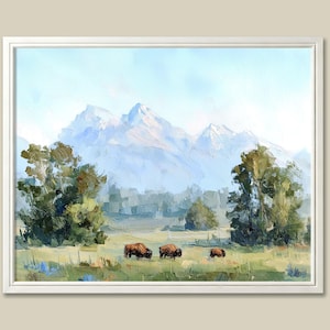 Grand Teton Art Print National Park Wyoming Painting Mountain Landscape Wall Art Bison Poster American West Nature Wall Decor