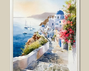Santorini Watercolor Art Print Greece Oia Seascape Coastal Wall Art