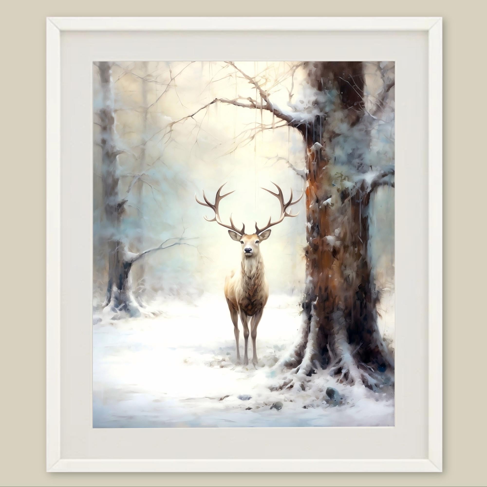 Deer Painting: Winter Snowy Forest Landscape Art Print