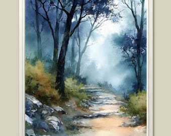 Foggy Forest Watercolor Art Print Misty Trail Landscape Wall Art Pacific Northwest Decor