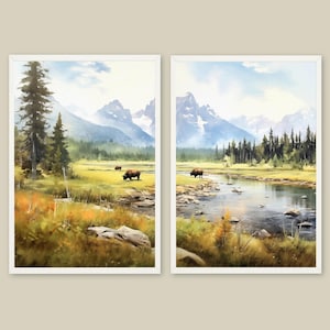 Bison Painting Set of 2 Grand Teton National Park Art Prints Mountain Landscape Wall Art Buffalo Watercolor Print Wyoming Wildlife Poster