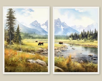 Bison Painting Set of 2 Grand Teton National Park Art Prints Mountain Landscape Wall Art Buffalo Watercolor Print Wyoming Wildlife Poster