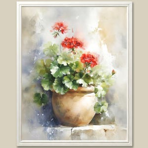 May include: Watercolor painting of a potted geranium plant with vibrant red flowers and green leaves. The terracotta pot sits on a stone ledge, set against a soft, neutral background. The artwork is framed in a white border.