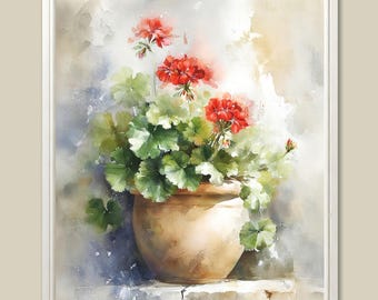 Red Geranium Watercolor Painting: Vintage Floral Art Print