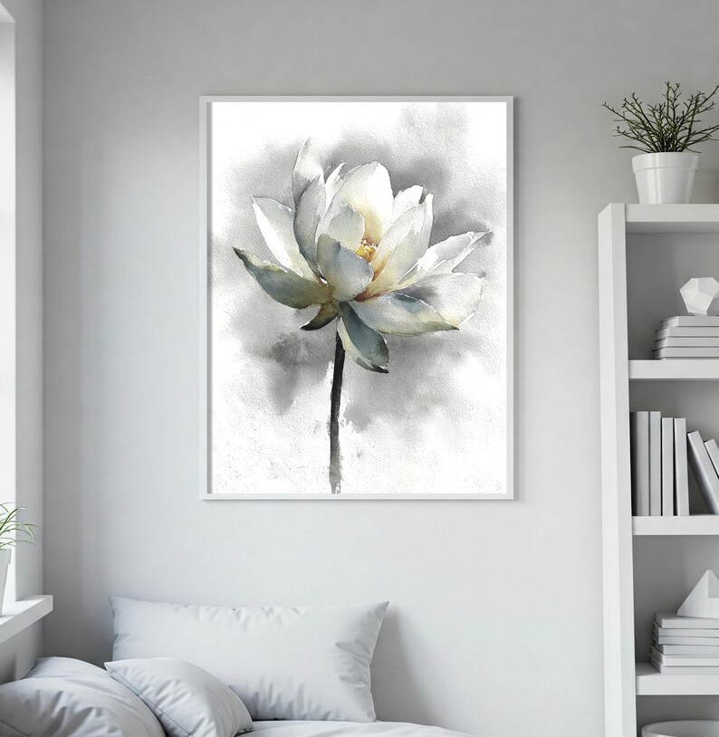 White Lotus Flower Art Print Watercolor Painting Botanical Wall Art Zen ...