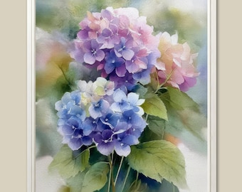 Blue Hydrangea Watercolor Painting: Floral Bouquet Art Print