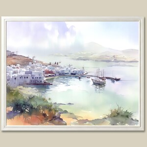 Mykonos Seascape Watercolor Painting: Greek Island Art Print