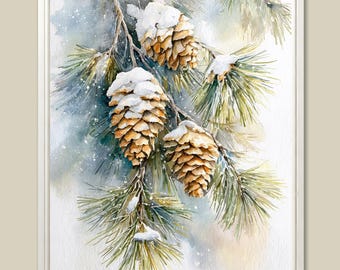 May include: Watercolor painting of pine cones on a branch, dusted with snow. The artwork features a soft, wintery color palette of greens, browns, and blues, framed in a white border. The image evokes a serene, natural scene.