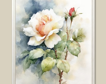 White Rose Watercolor Painting: Vintage Floral Botanical Art Print