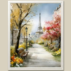 May include: Watercolor painting of a Parisian park scene with the Eiffel Tower in the background. The artwork features a pathway, benches, trees with yellow and pink foliage, and street lamps. The painting is framed in a white border.