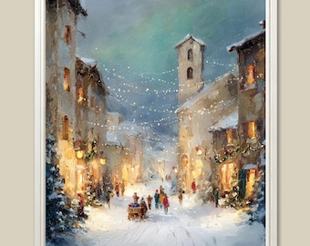 Lámina artística de un pueblo europeo nevado: luces nocturnas de invierno, decoración navideña para pared