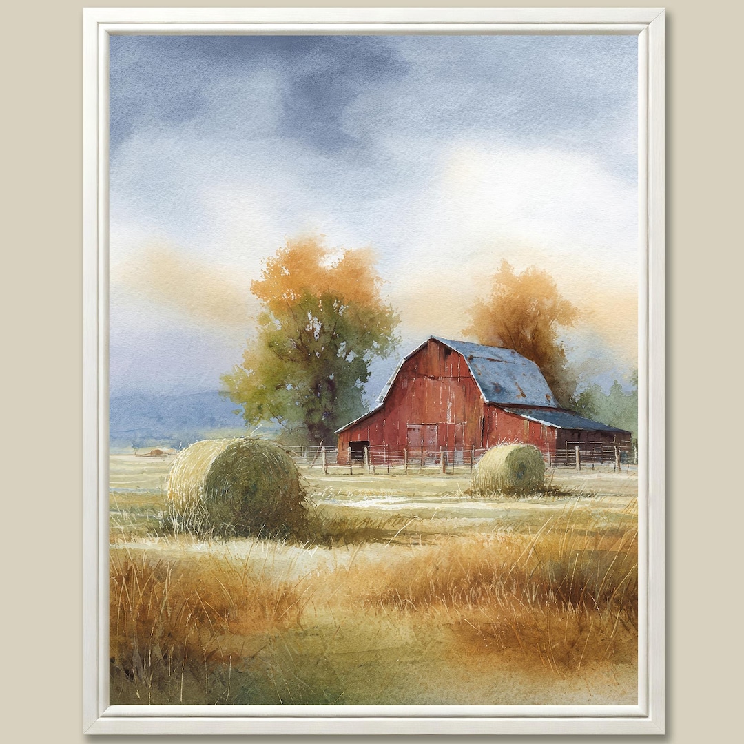 Red Barn Watercolor Art Print: Fall Farm Landscape - Etsy