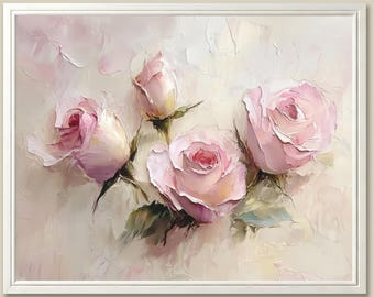 Pink Roses Art Print Oil Painting Blush Floral Bouquet Wall Art Vintage Decor