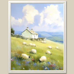 Sheep Painting Green Hills Scotland Art Print Countryside Landscape Cottage Wall Art Scottish Highlands Poster Wildflowers Artwork