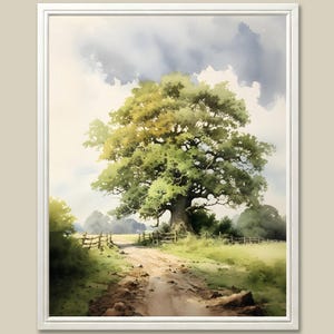Oak Painting Green Tree Art Print Rustic Landscape Wall Art Large Watercolor Painting Farmhouse Wall Decor
