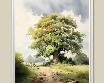 Oak Tree Watercolor Painting: Rustic Farmhouse Landscape Art Print