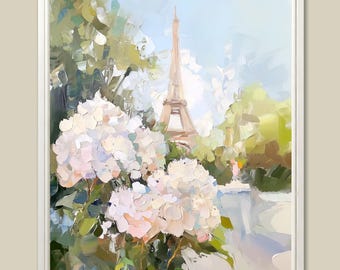 May include: A painting of the Eiffel Tower in Paris, France. The tower is in the background, and in the foreground are white hydrangeas in bloom. The painting is done in a loose, impressionistic style.