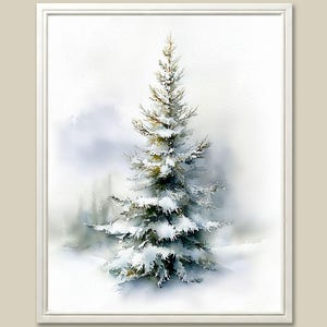 May include: Watercolor painting of a snow-covered evergreen tree in a white frame. The tree is green with snow-covered branches. The background is a soft, blurred white and gray, suggesting a snowy landscape.