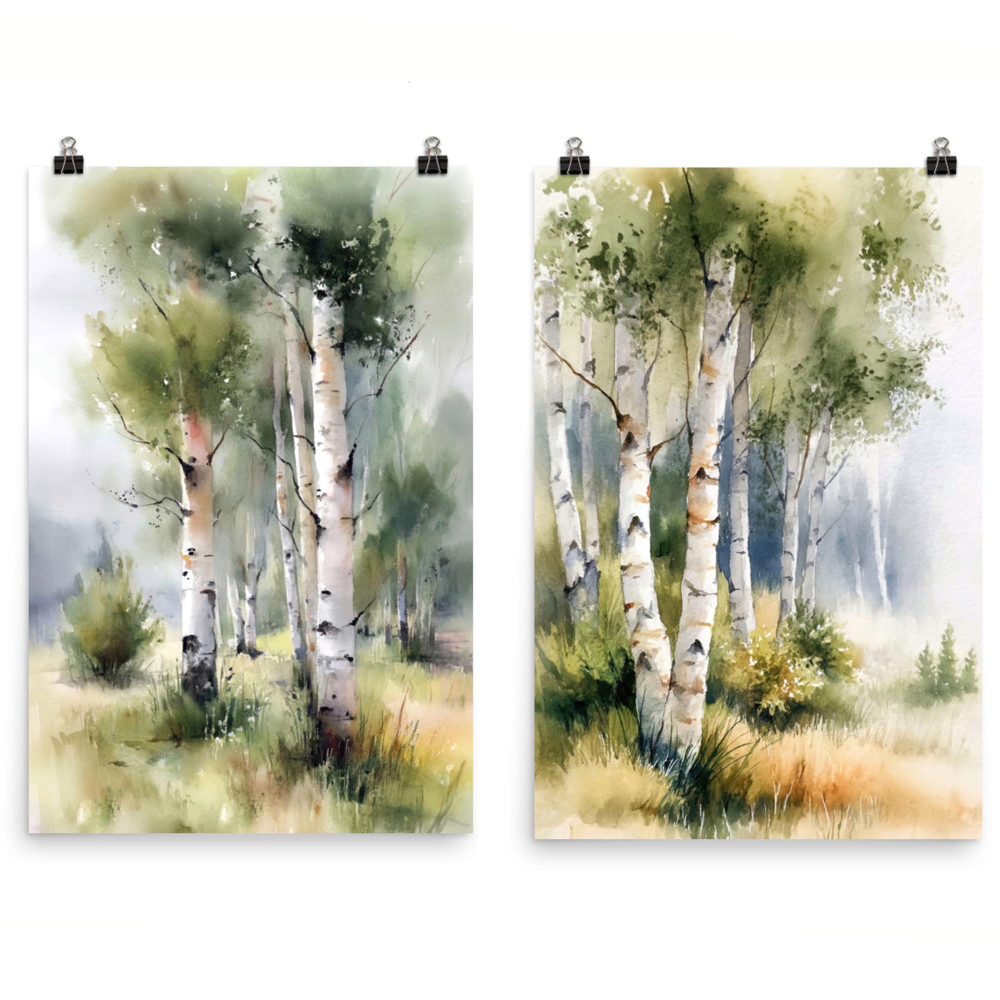 Birch Forest Watercolor Art Print Set: New England Woodland Landscape ...