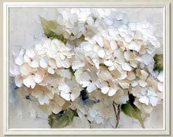 Hydrangea Oil Painting Print Floral Wall Art Beige Botanical Decor