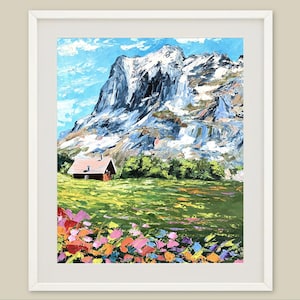 Alps Painting Swiss Landscape Art Print Mountain Wall Art Cottage Oil Painting Meadow Countryside Art Farmhouse Wall Decor