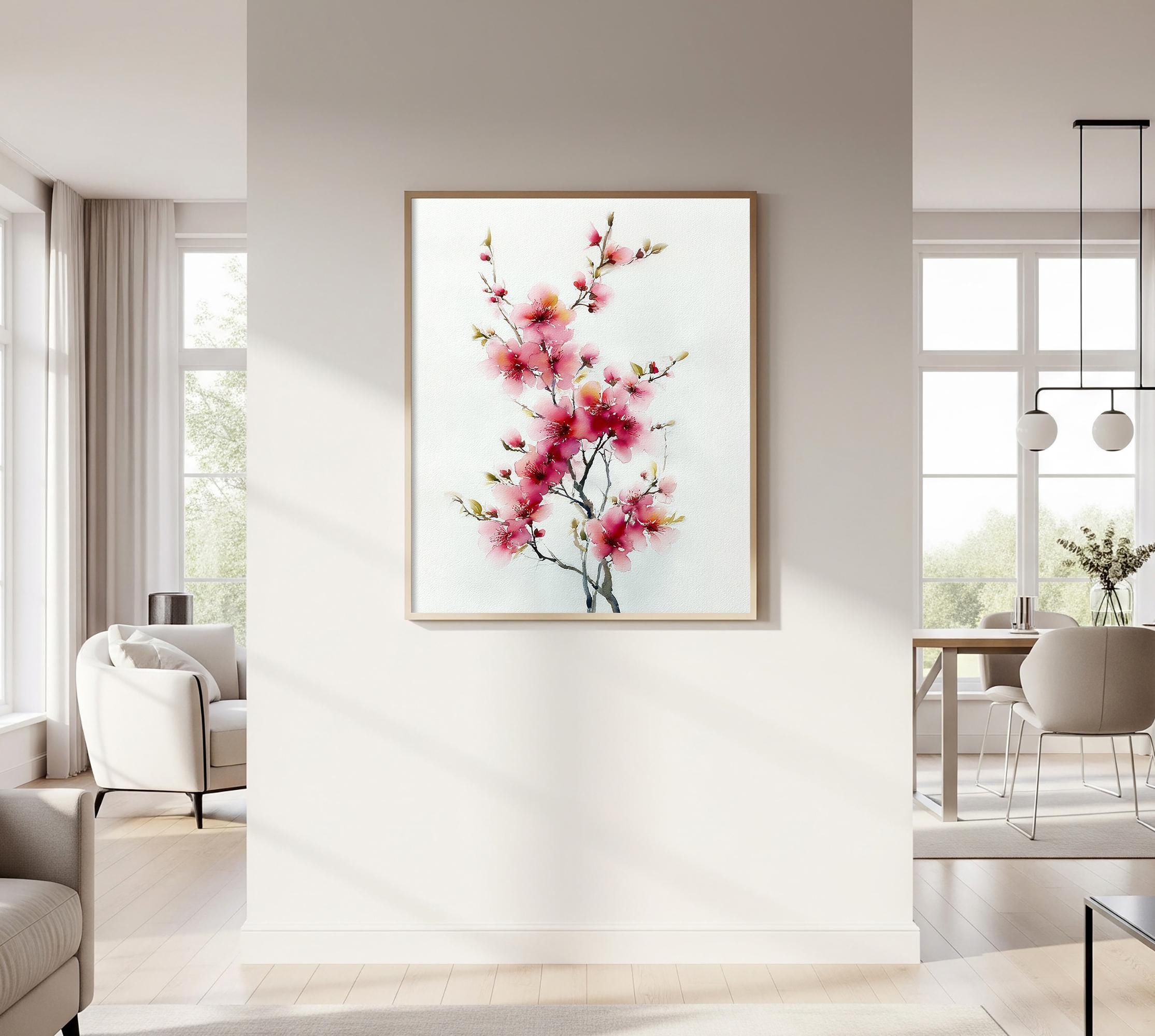 Cherry Blossom Branch Art Print Pink Sakura Watercolor Painting Floral ...