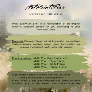 May include: An advertisement for art prints from ArtPrintiFine. The text describes the print quality, materials, and framing options. Sizes range from 5x7 inches to 24x36 inches. The prints are reproductions of original artwork.