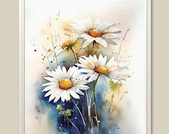 Daisy Watercolor Print: Neutral Floral Meadow Landscape Art