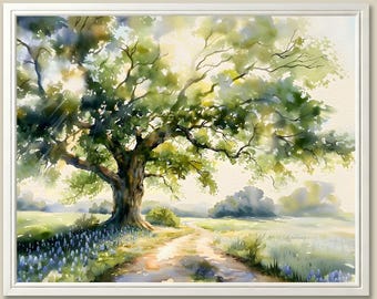 Bluebonnet Field Art Print: Texas Oak Tree Watercolor Landscape