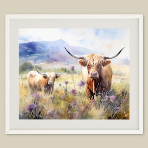 Highland Cow Watercolor Art Print: Scottish Isle of Skye Landscape