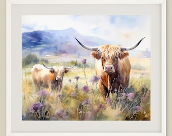 May include: Two Highland cows standing in a field of purple wildflowers. The cow in the foreground is looking directly at the viewer. The background is a watercolor painting of a blue sky and mountains.