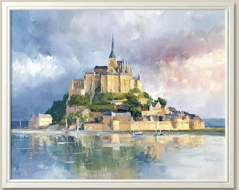 May include: A painting of Mont Saint-Michel, a historic abbey located on a tidal island in Normandy, France. The painting depicts the abbey in the distance, with a cloudy sky and a calm body of water in the foreground.