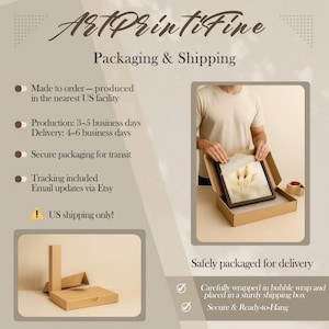 May include: A framed botanical print is shown being packaged in a cardboard box. The packaging includes bubble wrap and a sturdy shipping box. The image text reads "ArtPrintiFine" and "Packaging & Shipping". The artwork is ready to hang.