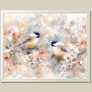 Chickadee Birds Painting Cherry Blossom Watercolor Art Print Nature Spring Landscape Wall Art Neutral Floral Poster Vintage Wall Decor