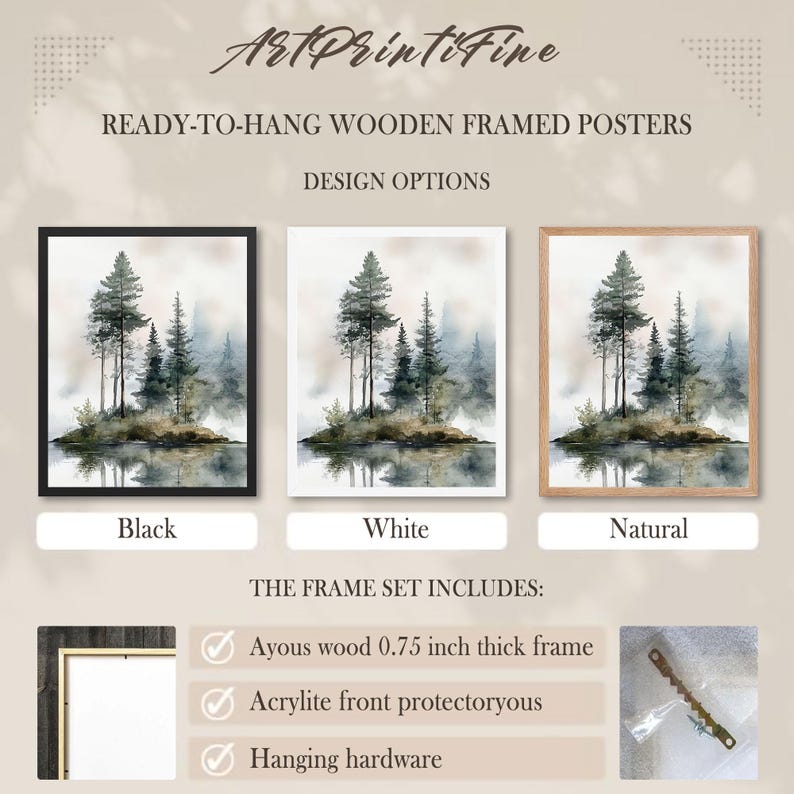 Misty Forest Lake Art Print: Watercolor Pine Tree Landscape image 7