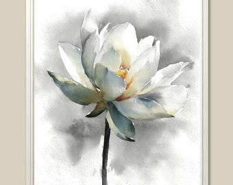 White Lotus Flower Art Print Watercolor Painting Botanical Wall Art Zen Minimal Decor