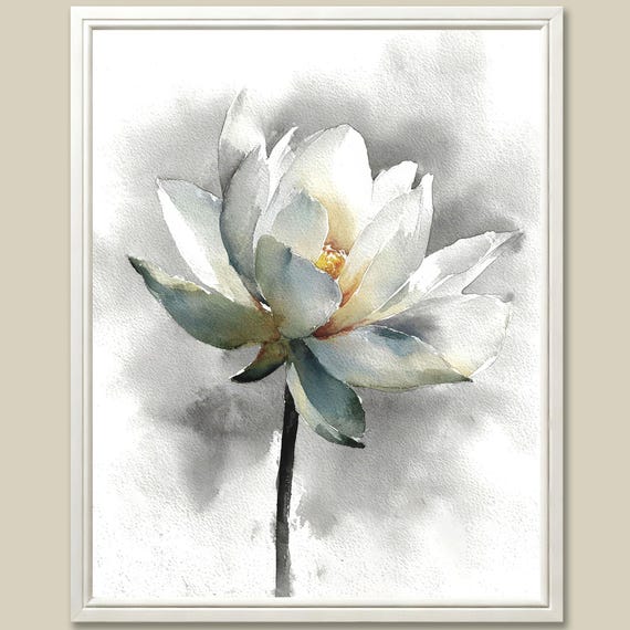 White Lotus Flower Art Print Watercolor Painting Botanical Wall Art Zen Minimal Decor