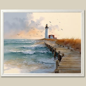 May include: A framed painting of a coastal scene. A white lighthouse with a black top stands on a sandy shore, next to a red-roofed building. A wooden pier extends into the turquoise ocean. Seagulls fly in the sky above the waves.